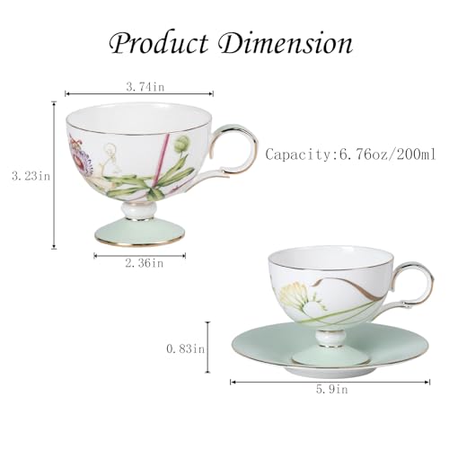 KAMMAK Tea Cups Set of 2,Ceramic Floral Pattern Demitasse Cup | Porcelain Espresso Cup with Saucer, 6.76 oz Handmade Elegant Bone China Tea Cups for Latte, Americano, Cappuccino - color: Freesia & Clematis