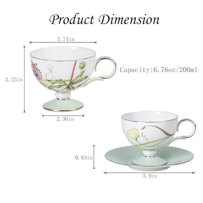 KAMMAK Tea Cups Set of 2,Ceramic Floral Pattern Demitasse Cup | Porcelain Espresso Cup with Saucer, 6.76 oz Handmade Elegant Bone China Tea Cups for Latte, Americano, Cappuccino - color: Freesia & Clematis