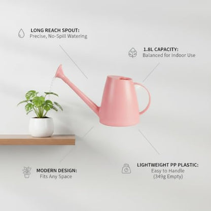 1.8L Long Spout Watering Can for Indoor Plants, Durable PP Plastic Pot Waterer with Precise Flow Control for Home Garden, Balcony & Windowsill - color: Pink