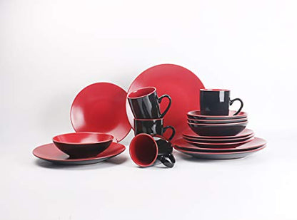 Stoneware Two-Tone Colors Life 16pc Dinner Set， Outside Shiny Black + Inside Matee Glaze Red - color: Red, size: 16pc Set