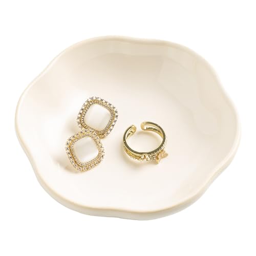 BEUNAIZER Ceramic Ring Dish, 4.3 in Flower Jewelry Tray with Raised Sides | Keeps rings, earrings, keys and hair accessories visible on a vanity, nightstand or bathroom counter. - color: white