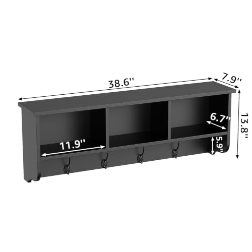 38.6inch Wall Mounted Entryway Coat Rack with Storage Shelf 4 Dual Hooks Wooden Storage Living Room Wall Cabinet with 3 Cubbies Space Saving Hanging Shelf for Hats Bags Coats (Espresso) - color: Espresso