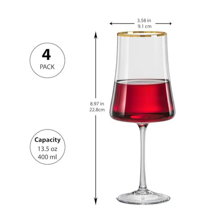 Gold Rim Wine Glasses | Set of 4 | Long-Stem Handblown Bohemia Crystal Glass for Red & White Wine, Elegant Lead-Free Glassware 13.5 oz