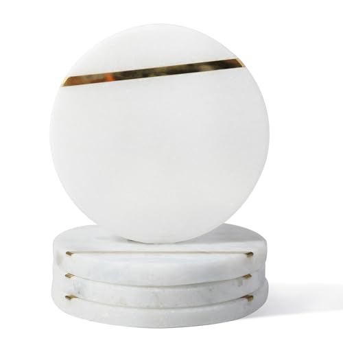 Marble Coaster Set of 4, Round Coasters, 4" Stone Coaster for Drinks Coffee, White Marble with Gold Brass Coasters for Coffee Table Home Bar Decor, Heat Resistant, Gift Choice - color: 4 Pcs-white&gold