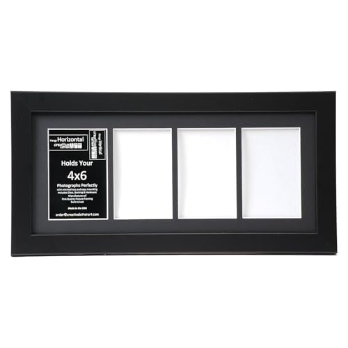 Creative Letter Art 4” x 6” Multiple Opening Picture Frame Collage with 4 holes, Manhattan Black Frame with 8 x 18-inch Black Mat, Full-Strength Glass, Photo Collage for Wall, 4 Openings - color: 4 opening, size: Black w/8" Black Mat