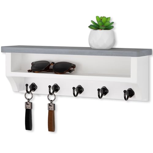 Nekon Key Holder Wall Mount, Wall Organizer Shelf with 5 Key Hooks | Wall Mounted Key Rack Room Decor for Home and Apartment Essentials - color: Gray & White