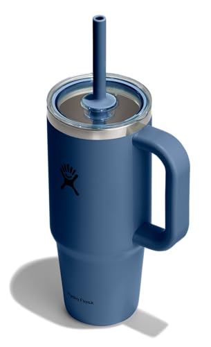 Hydro Flask Travel Tumbler with Handle, Clear Lid and Straw - Insulated Stainless Steel - color: HARBOR BLUE, size: 24 Ounces