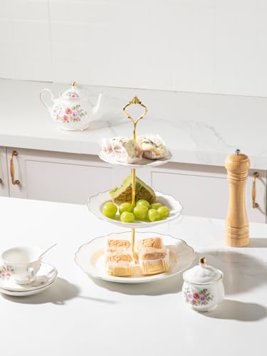 Sweejar 3 Tier Ceramic Cake Stand Wedding, Dessert Cupcake Stand for Tea Party Serving Platter(White) - color: Snow White