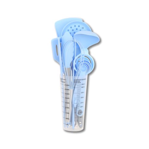 16-Piece Silicone Kitchen Utensil Set with Measuring Cup (Blue) | Dishwasher-safe BPA-free tools for nonstick cookware, with tongs, whisk, 5 measuring spoons and a 500ml measuring cup holder - color: Blue