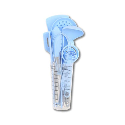 16-Piece Silicone Kitchen Utensil Set with Measuring Cup (Blue) | Dishwasher-safe BPA-free tools for nonstick cookware, with tongs, whisk, 5 measuring spoons and a 500ml measuring cup holder - color: Blue