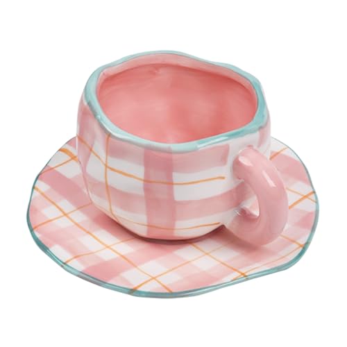 Koythin Ceramic Coffee Mug, Cute Pink Cup for Women with Saucer for Office and Home, Dishwasher and Microwave Safe, 10 oz/300 ml for Latte Tea Milk (Pink Check) | 300ml Cute Drink Cup, Microwave & Dishwasher Safe; Daily Office Cup, Gift For Ladies - color