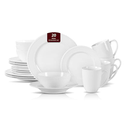 HomeVss, New Bone China Dinnerware Set, Embossed Pearl Design, 20pc Set - color: Pearl, size: Service for 4 - 20pc Set