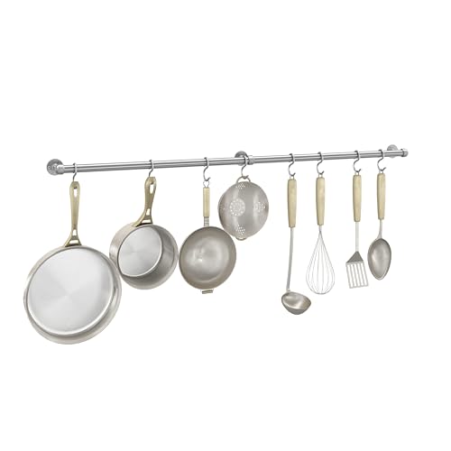 ROTHLEY Hanging Pot Rack Hanger: 39.4 Inch Stainless Steel Pot and Pan Hanger Pot Rack Wall Mounted Hanging Pots and Pans Rack Pot Hangers for Kitchen Wall Kitchen Rail with Hooks (Brushed) - color: Brushed, size: 39.4 inch