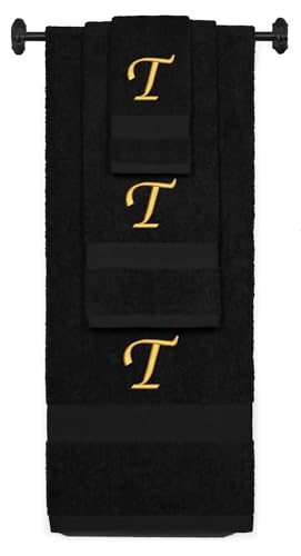 Monogrammed Bath, Hand, Washcloth Cotton Towel Set, Personalized Gift 3Pc-T - color: Black & Gold, size: Initial T