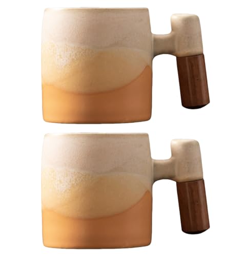 2-Oz Ceramic Espresso Cups with Wood Handle, 2/4-Piece Set for Coffee, Tea, Latte - Dishwasher Safe, Multi-Color & Wood Styles, Gift & Café Use (Kiln turning yellow, Wooden Handle2) - color: Kiln turning yellow, size: Wooden Handle2