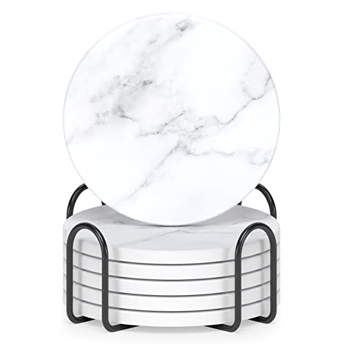Coasters for Drinks, Set of 6 Cute Absorbent Ceramic Drink Coasters | Set of 6 Absorbent Ceramic Drink Coasters with Holder and Cork Base, Kitchen Home Decor Housewarming Gift, Round 4 in - color: Classic White Gray Marble