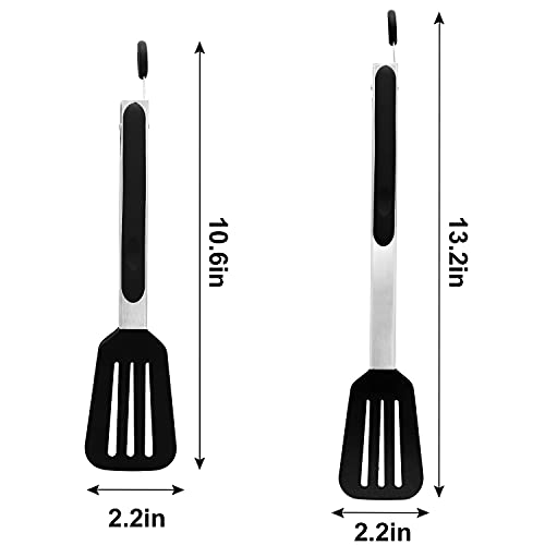 Cooking Tongs 9" and 12" Stainless Steel Kitchen Silicone Serving Tongs | Heat Resistant Meat Turner Spatula Tong Fish Tongs for Grilling Steak Salad Pasta Buffet Serving (Black) - color: Black, size: 9 & 12 inch