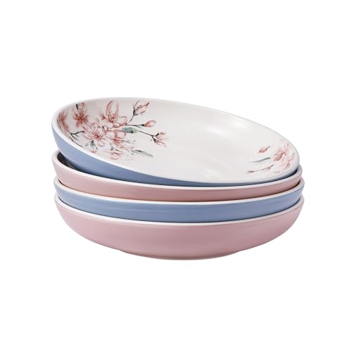 Bico Spring Sakura Pasta Bowls, 35oz Salad Bowl Set of 4, Large Ceramic Serving Dinner Bowls for Soup and Cereal, Microwave and Dishwasher Safe, Gift for Housewarming and Thanksgiving - color: Spring Sakura