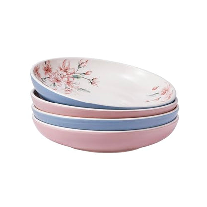 Bico Spring Sakura Pasta Bowls, 35oz Salad Bowl Set of 4, Large Ceramic Serving Dinner Bowls for Soup and Cereal, Microwave and Dishwasher Safe, Gift for Housewarming and Thanksgiving - color: Spring Sakura