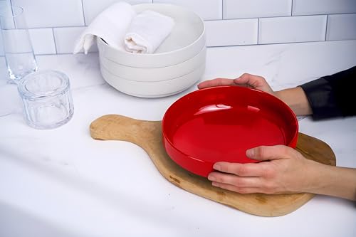 KooK Ceramic Large Pasta Bowls, Microwave and Dishwasher Safe, Great for Soups and Salads, Shallow Serving Bowls, Glossy Porcelain, 47 oz, Set of 4, Cherry Red - color: Cherry Red