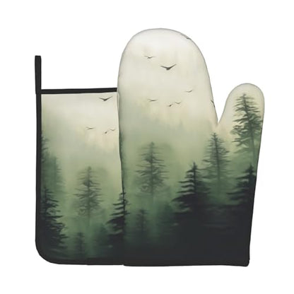 Giwawa Green Misty Forest Oven Mitts and Pot Holder Set of 2 Mountain Woodland Heat Resistant Kitchen Gloves Hot Pad for Baking Cooking Microwave - color: Green Forest
