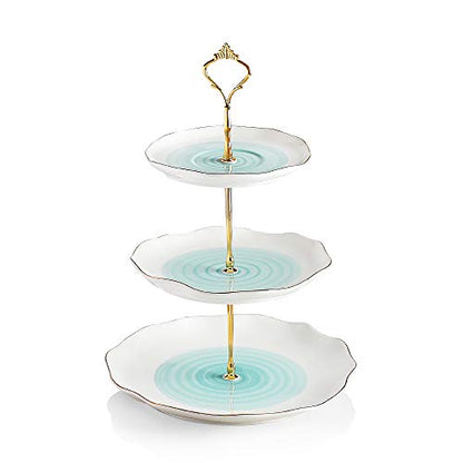 Sweejar 3 Tier Ceramic Cake Stand,Dessert Stand,Cupcake Stand,Tea Party Pastry Serving Platter,Food Display Stand for Tea/Coffee/Birthday/Wedding/Women/Afternoon/Gift - Blue - color: Blue