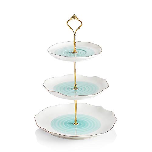 Sweejar 3 Tier Ceramic Cake Stand,Dessert Stand,Cupcake Stand,Tea Party Pastry Serving Platter,Food Display Stand for Tea/Coffee/Birthday/Wedding/Women/Afternoon/Gift - Blue - color: Blue