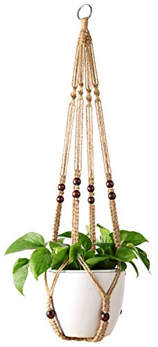 Mkono Macrame Plant Hanger Indoor 35 Inch Hanging Planter Basket Brown 1Pc | Hanging Plant Holder with Decorative Wood Beads, No Tassels, Boho Home Decor, Indoor & Outdoor Use, Flower Pots Not Included - color: Brown