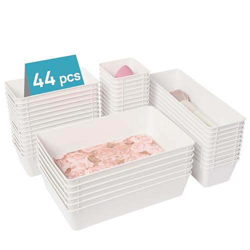 Vtopmart 44 PCS Plastic Drawer Organizer Set, Vanity Organizer Trays, White | 4-Size Versatile Makeup Organizer, Non-Slip Storage Containers for Makeup, Jewelries, Bedroom，Kitchen Utensils and Office - color: White