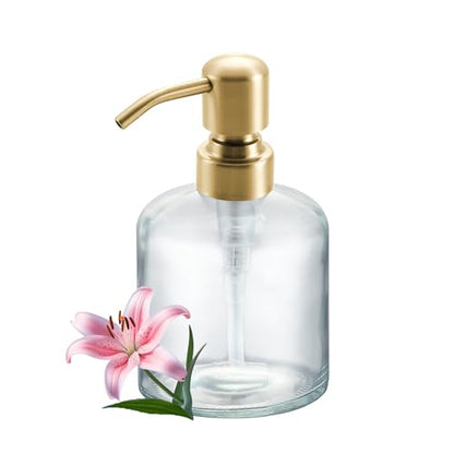Clear Glass Soap Dispenser, 11 Oz Boston Round Bottle Dispenser with Stainless Steel Pump, Refillable Kitchen & Bathroom Countertop Dish Soap Dispenser, Brushed Gold - color: Brushed Gold