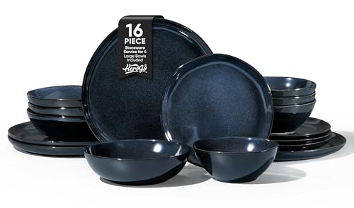 Herogo 16pcs Stoneware Dinnerware Sets for 4, Irregular Handmade Dinner Plates and Bowls, Kitchen Dining Dish Dishware Set, Microwave & Dishwasher Safe,Starry Blue - color: Starry Blue, size: 4 Set (16pcs)