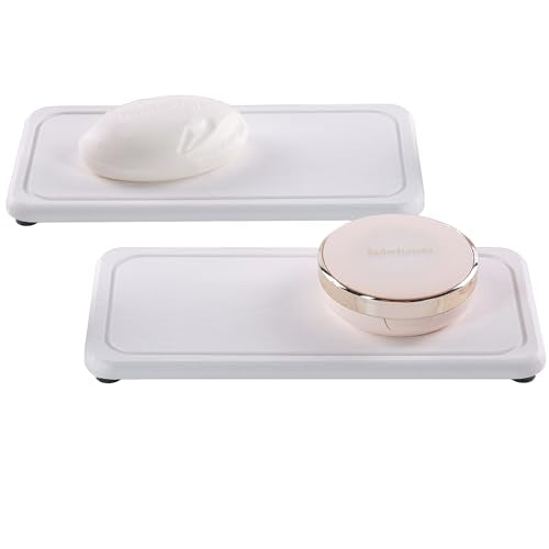 NiuYichee 2 Pcs Sink Stone Soap Trays, Water Absorbing Diatomite Tray Used for Hand Soap/Cosmetic Bottles/Dish Soap in the Kitchen/Bathroom Sink Countertop, Fast Dry Stone Tray with Non-Slip Pads - color: White, size: 8.3" x 4" with groove