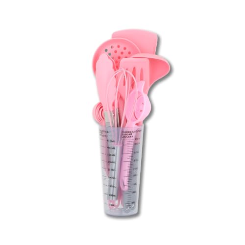 16-Piece Silicone Kitchen Utensil Set with Measuring Cup (Pink) | Dishwasher-safe BPA-free tools for nonstick cookware, with tongs, whisk, 5 measuring spoons and a 500ml measuring cup holder - color: Pink