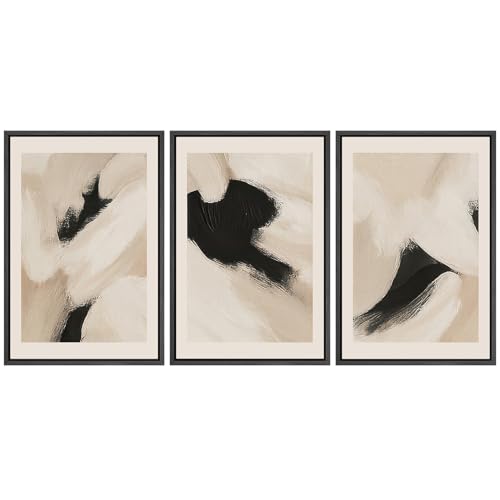 SIGNFORD Framed Canvas Print Wall Art Set Neutral Abstract Black and Beige Modern Minimalist Brushstroke Illustrations Modern Art Relax/Calm for Living Room, Bedroom, Office - 16"x24"x3 Black - color: Ae06-2508-edw10, size: 16"x24"x3 Panels Black