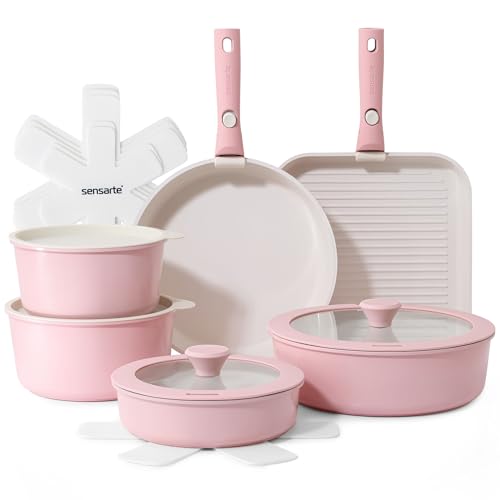 SENSARTE 17 Piece Ceramic Detachable Handle Pots and Pans Set Pink | Ceramic Cookware Set, Induction Cookware Set with Removable Handle, Healthy Non Stick for RV, Dishwasher ＆ Oven Safe - color: Pink, size: 17 Piece