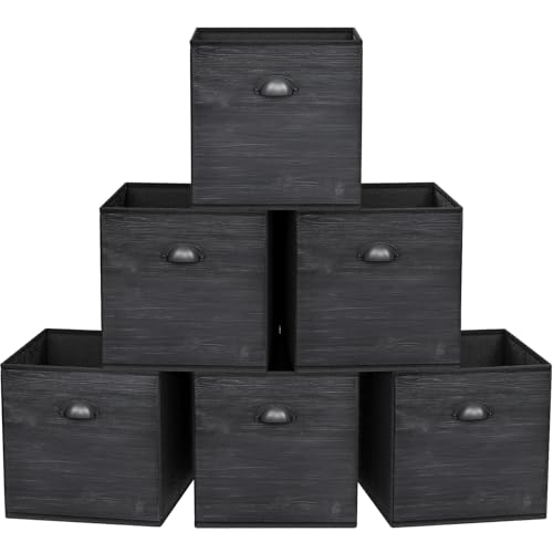 Faux Wood Grain Cube Storage Organizer Bins, 12x12 Inch Storage Cubes, Closet Cloth Baskets Box for Shelves, Set of 6 - color: Black Wood Grain Printing, size: 12inch