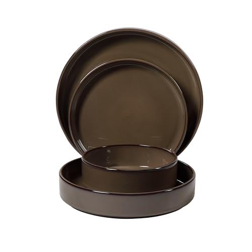 Two Time Oprah's Favorite Things WInner - Santorini Mist 16 Piece Double Bowl Terracotta Dishes Reactive Glaze Plates and Bowls Dinnerware Set - Driftwood Brown - Service for 4 - color: Driftwood Brown