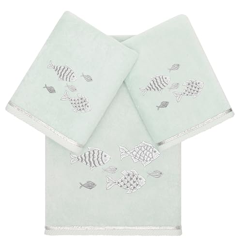Treasure 3-Piece Towel Set, Embroidered Fish Design, 100% Turkish Cotton, Luxuriously Soft & Absorbent, Elegant Coastal Decor, 1 Bath 2 Hand Towels, Aqua - color: Aqua, size: 1 Pc Bath 2 Pcs Hand Towel