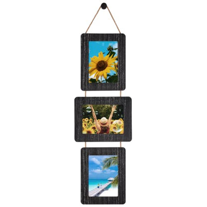 5x7 Collage Picture Frame, 3 Opening, Rustic Wood, Weathered Black | Wall-Mounted Hanging Design, Displays 4x6 Photos with Mat or 5x7 Photos Without Mat, Three-Opening Layout - color: Weathered Black, size: 3 Opening