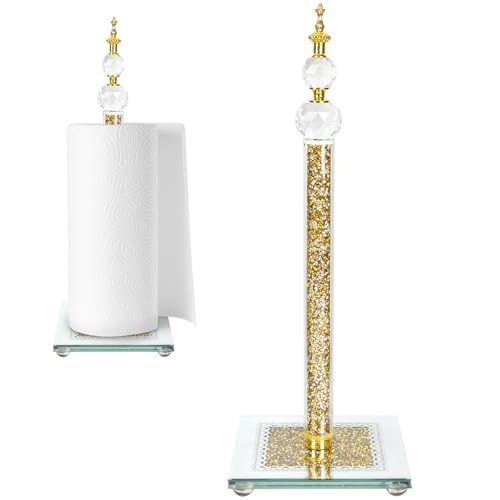 Paper Towel Holder Stand, Countertop Paper Towel Roll Dispenser Holders with Cube Base, Tissue Countertop Filled with Sparkly Crystal Crushed Diamond House Decor for Kitchen Bathroom - color: Gold-square