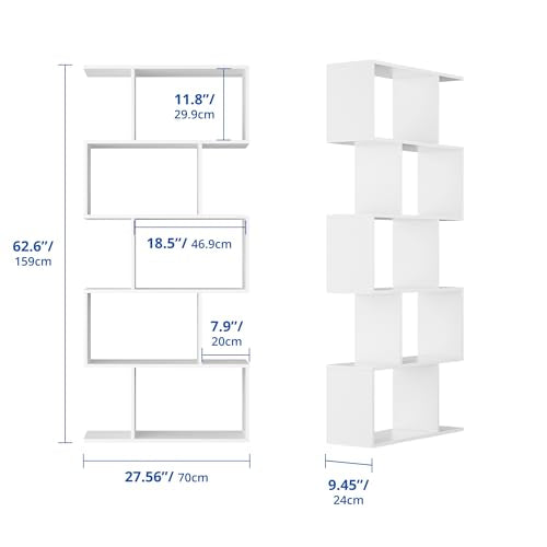 Set of 2 Geometric Bookcase, S-Shaped Modern Bookshelf, Room Divider Bookshelf, 62" Tall Unique Abstract Bookcase with 5-Tier Display Shelf for Living Room Office, White - color: White