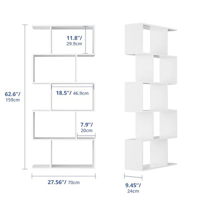 Set of 2 Geometric Bookcase, S-Shaped Modern Bookshelf, Room Divider Bookshelf, 62" Tall Unique Abstract Bookcase with 5-Tier Display Shelf for Living Room Office, White - color: White