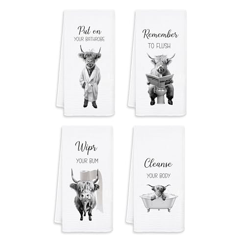 Funny Highland Cow Bathroom Hand Towels Set of 4, Highland Cow Bathroom Decor, Farmhouse Rustic Farm Animal Decorative Hand Towels for Washroom Restroom, 16x24 Inches YSZ-t - color: White-funny Highland Cow