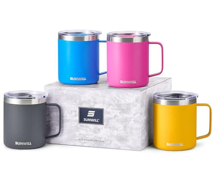 SUNWILL Travel Coffee Mugs Set of 4, Insulated Tumbler with Lid, 14oz Stainless Steel Cup with Handle Bulk for Gift, Camping, Office, Powder Coated Charcoal, Royal Blue, Magenta, Yellow - color: Powder Coated Charcoal & Royal Blue & Magenta & Yellow