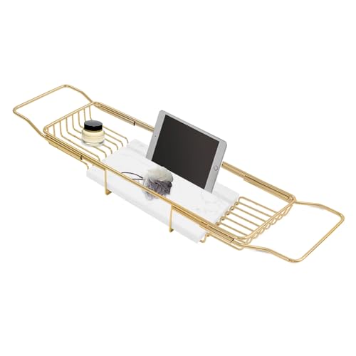 Expandable Stainless Steel Bathtub Caddy Tray, Adjustable Over Tub Rack Marble Board Anti-Slip Groove Raised Guardrail Modern Bath Organizer for Home Hotel Bathroom Use (Gold + White) - color: Gold + White