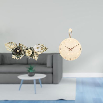 Hanging Wall Art Wall Clock Metal Wall Decor Metal Wall Art Iron and Wood Decorative Pendant Flower Leaf Carved Rustic Style Suitable for Living Room