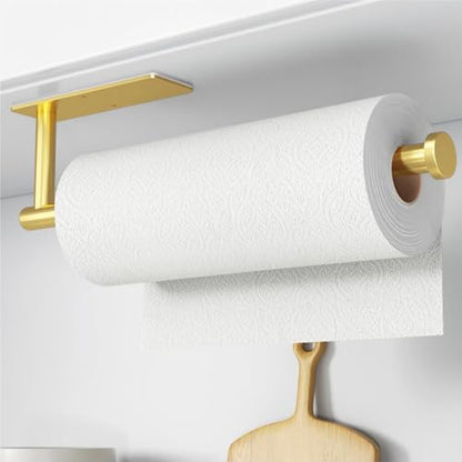 Paper Towel Holder,Self-Adhesive or Drilling， White, 1 Pack | SUS304 Stainless Steel,Kitchen Roll Dispenser Under Cabinet，Wall Mounted Rack - color: Gold