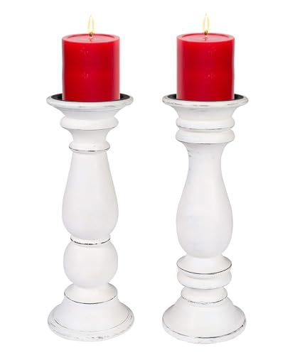 Rustic Candle Holder Set of 3 – 10", 8", 6" – Burnt Finish Wooden Pillar Stands for Wedding, Party, Home Décor, Spa – Country Style Gift for Table Centerpiece - color: White Antique, size: 12x4.5 - Inch