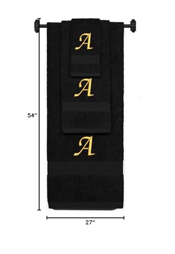 Monogrammed Bath, Hand, Washcloth Cotton Towel Set, Personalized Gift 3Pc-A - color: Black & Gold, size: Initial A