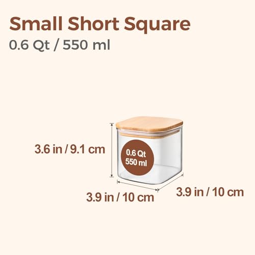 ComSaf Square Glass Containers With Lids 0.6 Qt, Set of 6 Small Galss Jars | Small Glass Canisters, Spice Jar, Pantry Organization, Snack, Cookie, Coffee Bar Organization, Size For Subpackage, BPA Free - size: 0.6Qt*6